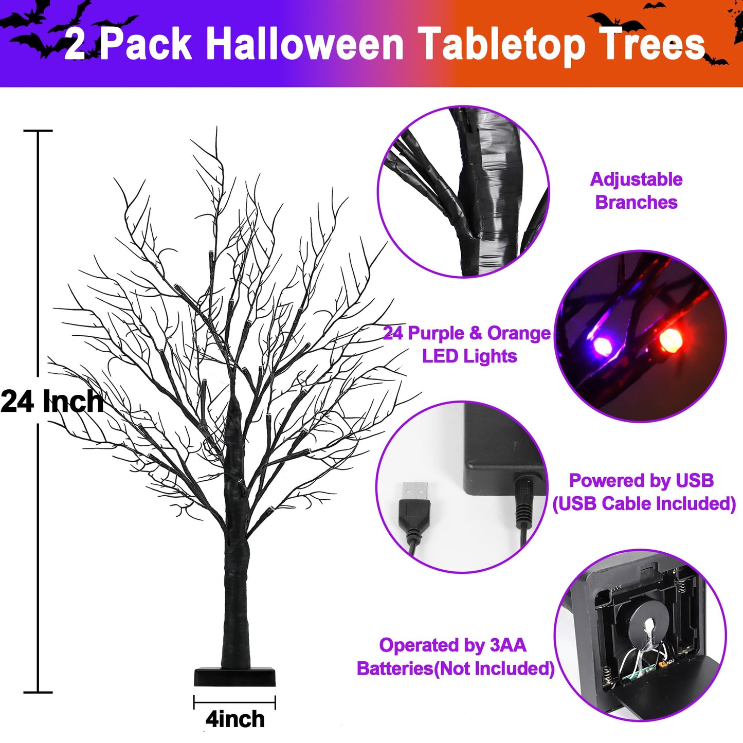 [Timer] 2 Pack Halloween Decorations Indoor, 24 Inch Halloween Tree with 24 Orange & Purple Lights, USB & Battery Operated Black Spooky Tree Halloween Table Decorations Indoor Home Party Decor Room