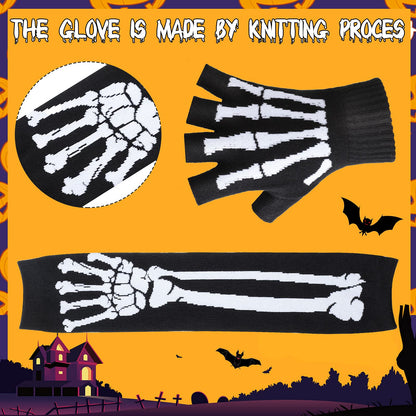 Zhanmai 2 Pairs Halloween Skeleton Gloves Elastic Knitted Fingerless Hand Warmer Unisex Warm Half Finger Gloves for Men and Women