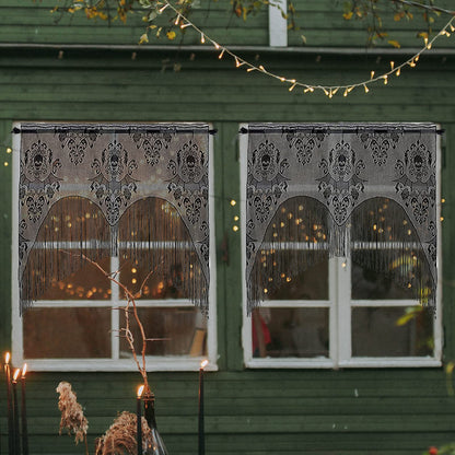 ZeeDix 2 Pcs Halloween Lace Skull Window Curtain- Black Tassel Door Curtain for Halloween Home Party Decorations, Party Supplies