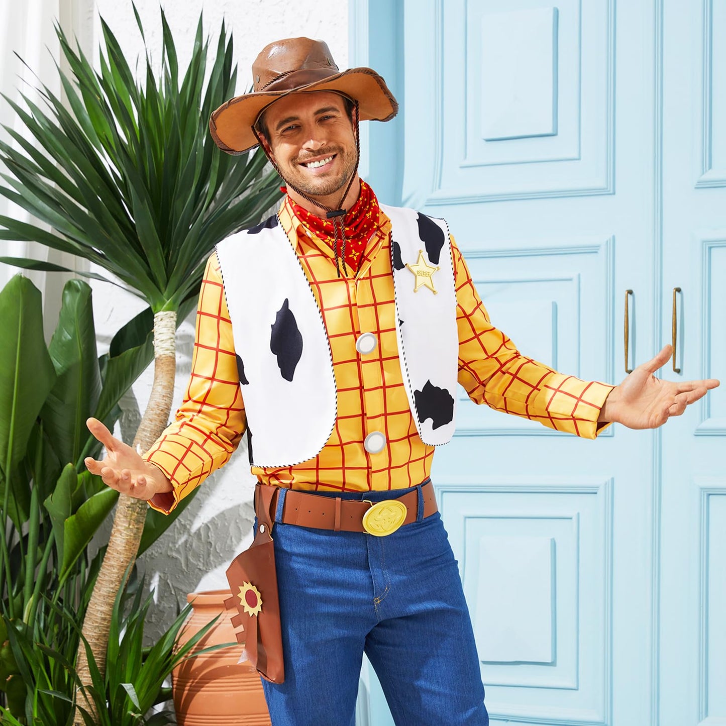 Woody Shirt Cowboy Vest Bandana Sheriff Badge Set Men's Halloween Cosplay Costume Kit Accessory XL