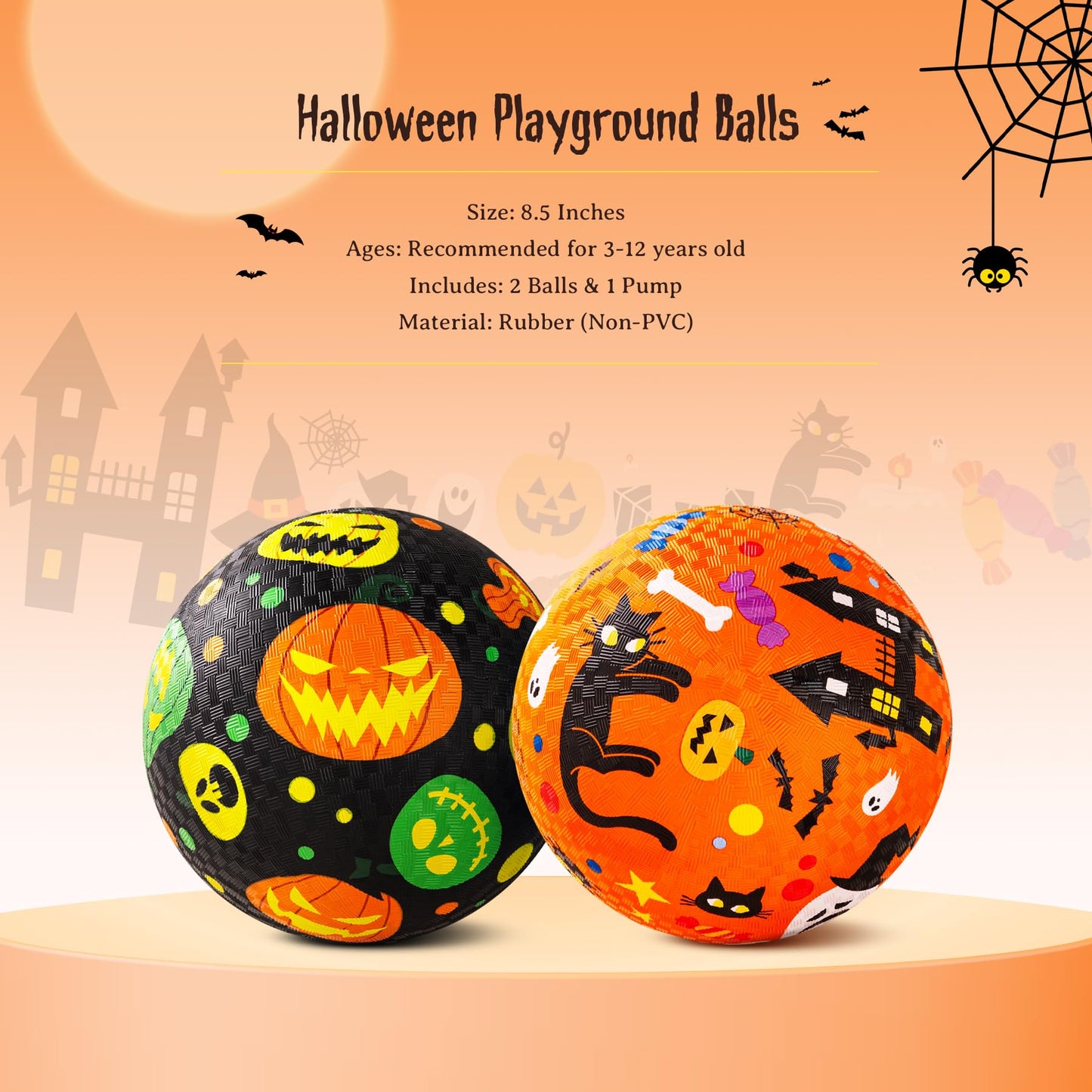 ZOOJOY Pack of 2 Cartoon Playground Balls, Halloween Balls for Toddler 3-12, 8.5" Rubber Ball Bouncy Kickball, Indoor & Outdoor Game Toys for Boys Girls with Pump