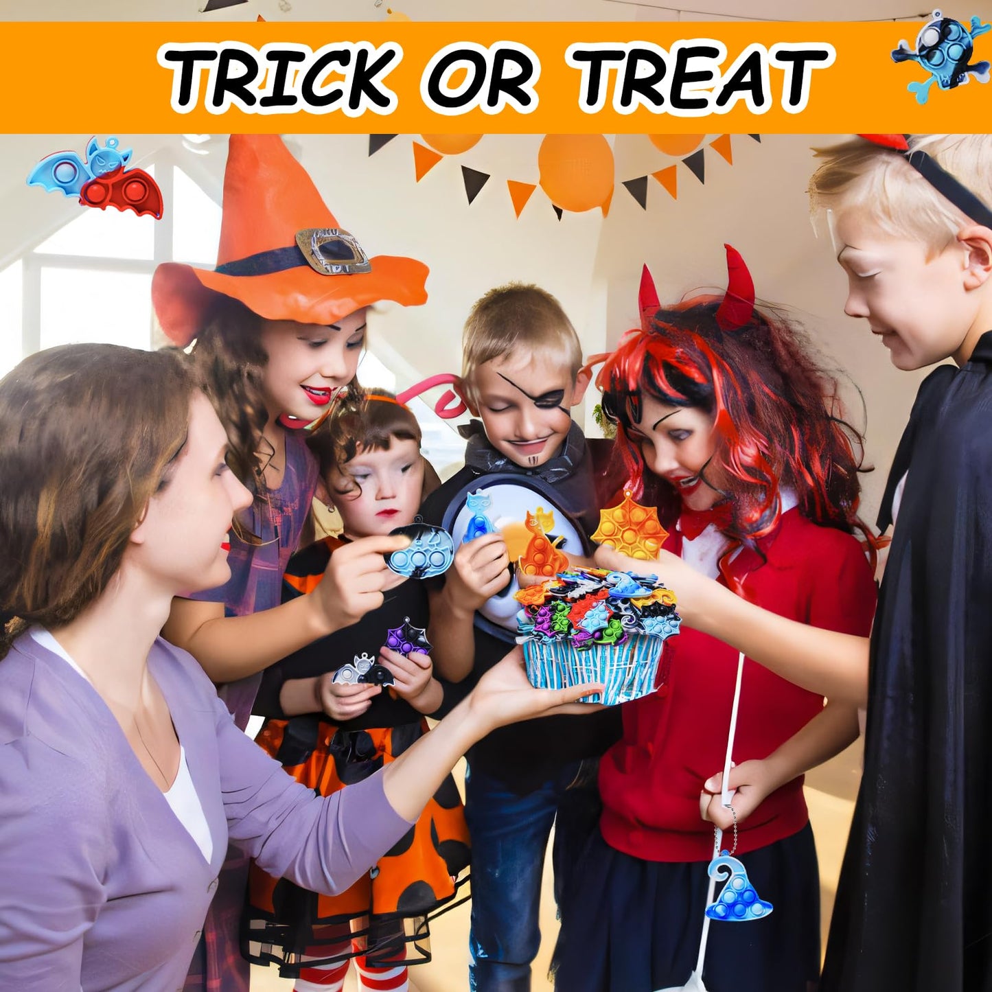 ZEAYOU 80Pcs Halloween Party Favors for Kids, Halloween Fidgets Toys with Mini Pop Keychain, Halloween Fidget Sensory Pop Toys, Classroom Prizes Box, Treasure Chest Treat Bags Gifts, Stress Relief