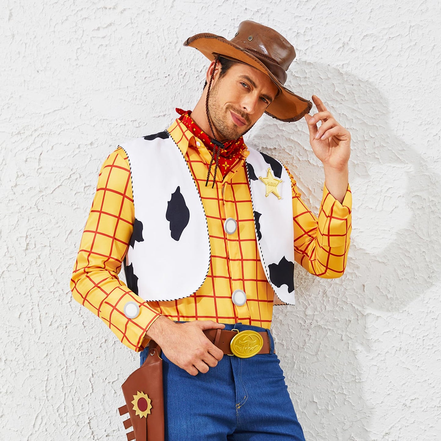 Woody Shirt Cowboy Vest Bandana Sheriff Badge Set Men's Halloween Cosplay Costume Kit Accessory XL
