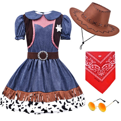 ZZIHAN Kids Cowgirl Costume Dress Outfits for Girls Role Play Cowboy Cowgirl Hat Bandanas Belt Sunglasses Dress up Accessories for Toddlers Girls Birthday Party Halloween Christmas Cosplay Gift 3-5T