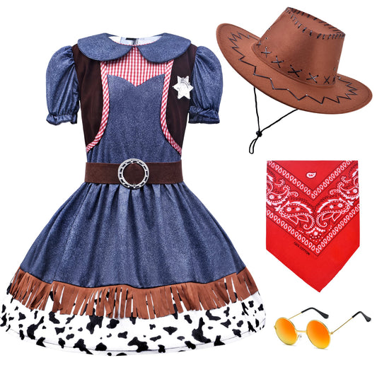 ZZIHAN Kids Cowgirl Costume Dress Outfits for Girls Role Play Cowboy Cowgirl Hat Bandanas Belt Sunglasses Dress up Accessories for Toddlers Girls Birthday Party Halloween Christmas Cosplay Gift 3-5T