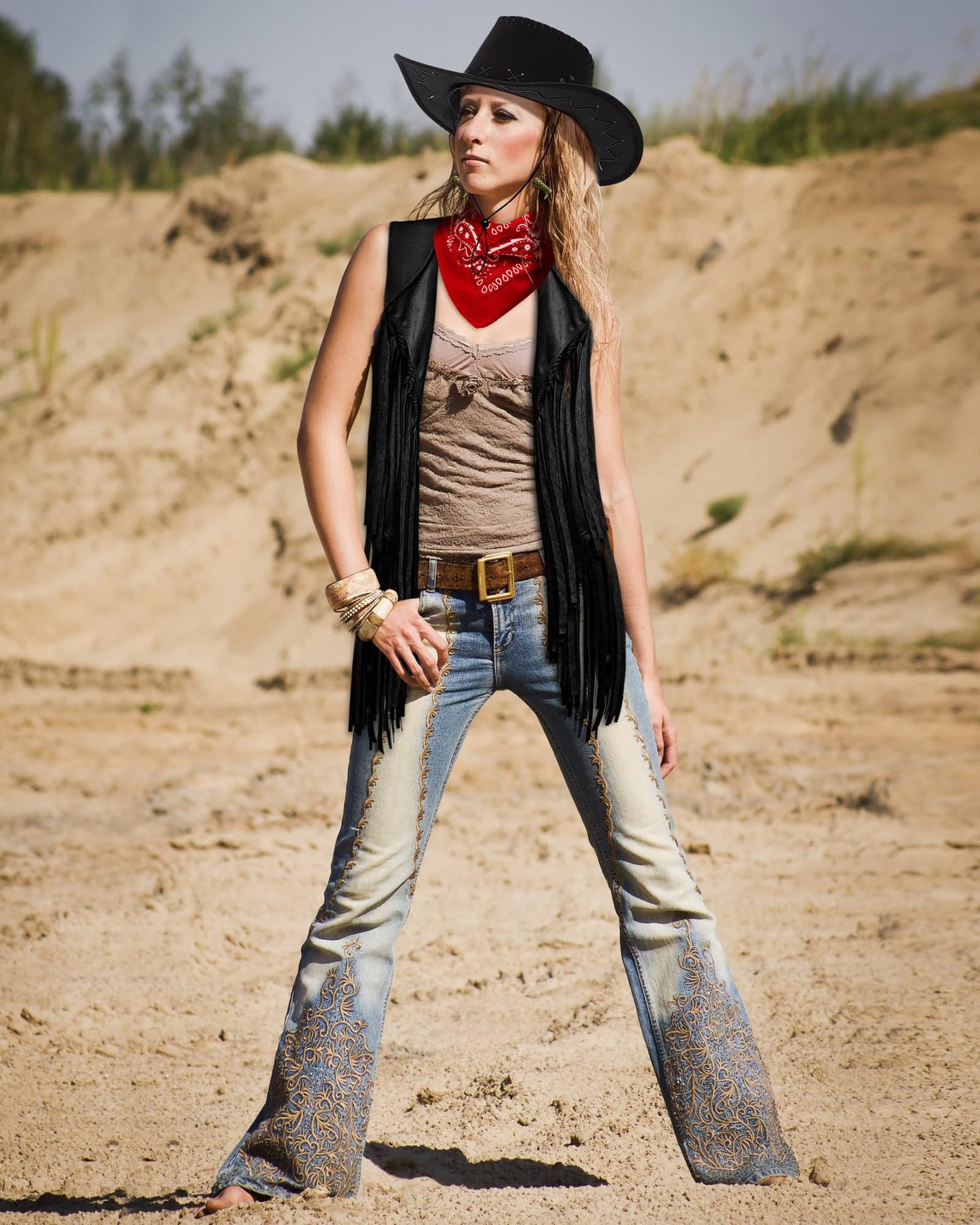 Xtinmee 4 Pcs Halloween Western Cowgirl Outfits Set Women Tassel Vest Cowboy Hat Dangle Drop Earring Paisley Bandana Dress up(Small,Black)