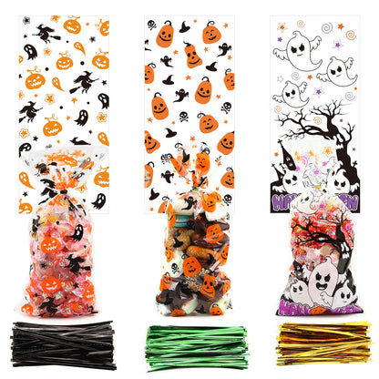 LOMIMOS 150PCS Halloween Cellophane Candy Bags, Clear Plastic Treat bags with 300PCS Twist Ties for Snacks cookies Gift Supplies