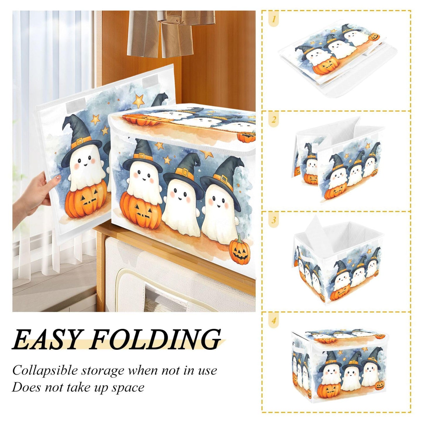 xigua Cute Cartoon Ghosts Storage Bins with Lids and Carrying Handle,Foldable Storage Boxes Organizer Containers Baskets Cube with Cover for Home Bedroom Closet Office