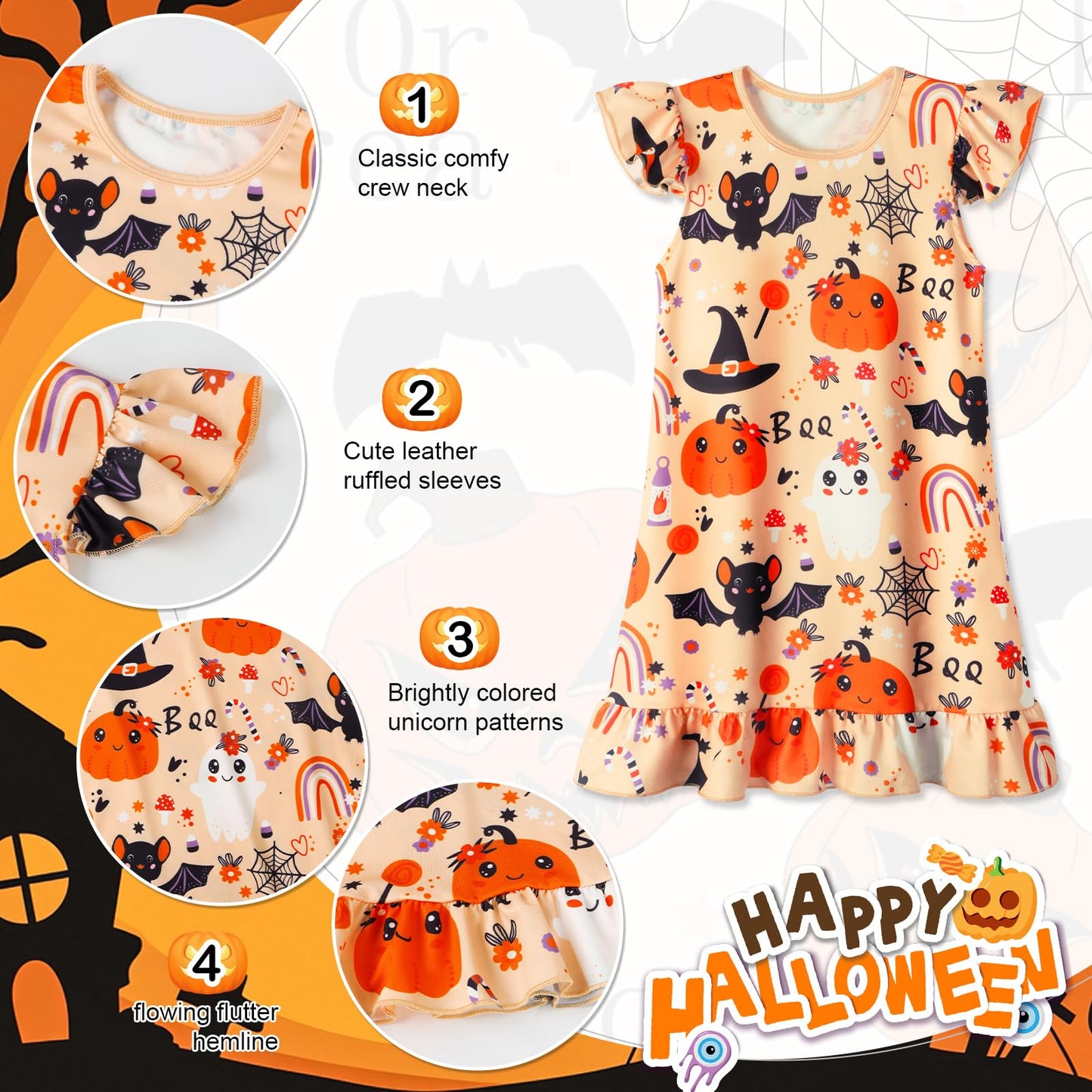 WonderBabe Girls Halloween Nightgowns Flutter Sleeves Nightdress Nightie Dress Sleepwear Pajamas for Little Girls Size 7-8 Yellow