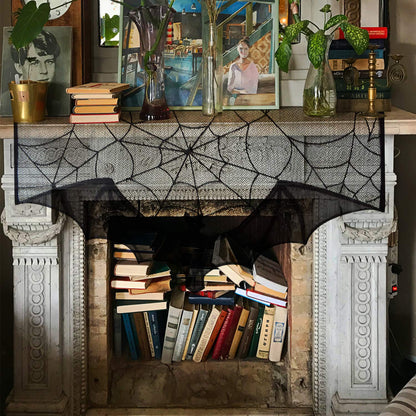 ZeeDix 2 Pcs Halloween Black Lace Bat Window Curtains- Spiderweb Tablecloth Bat Shower Curtain Window Valance Spider Cobweb Fireplace Mantles Scarf for Halloween Party Decor, Party Supplies