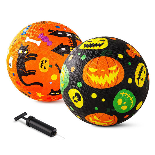 ZOOJOY Pack of 2 Cartoon Playground Balls, Halloween Balls for Toddler 3-12, 8.5" Rubber Ball Bouncy Kickball, Indoor & Outdoor Game Toys for Boys Girls with Pump