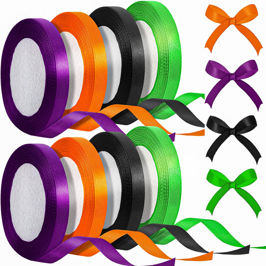 Xinnun 200Yard Halloween Satin Ribbon Wrapping 8 Roll Polyester 3/8 Inch Silk Ribbon for Christmas Halloween Party Decoration DIY Craft Supply(Orange, Black, Purple, Green)