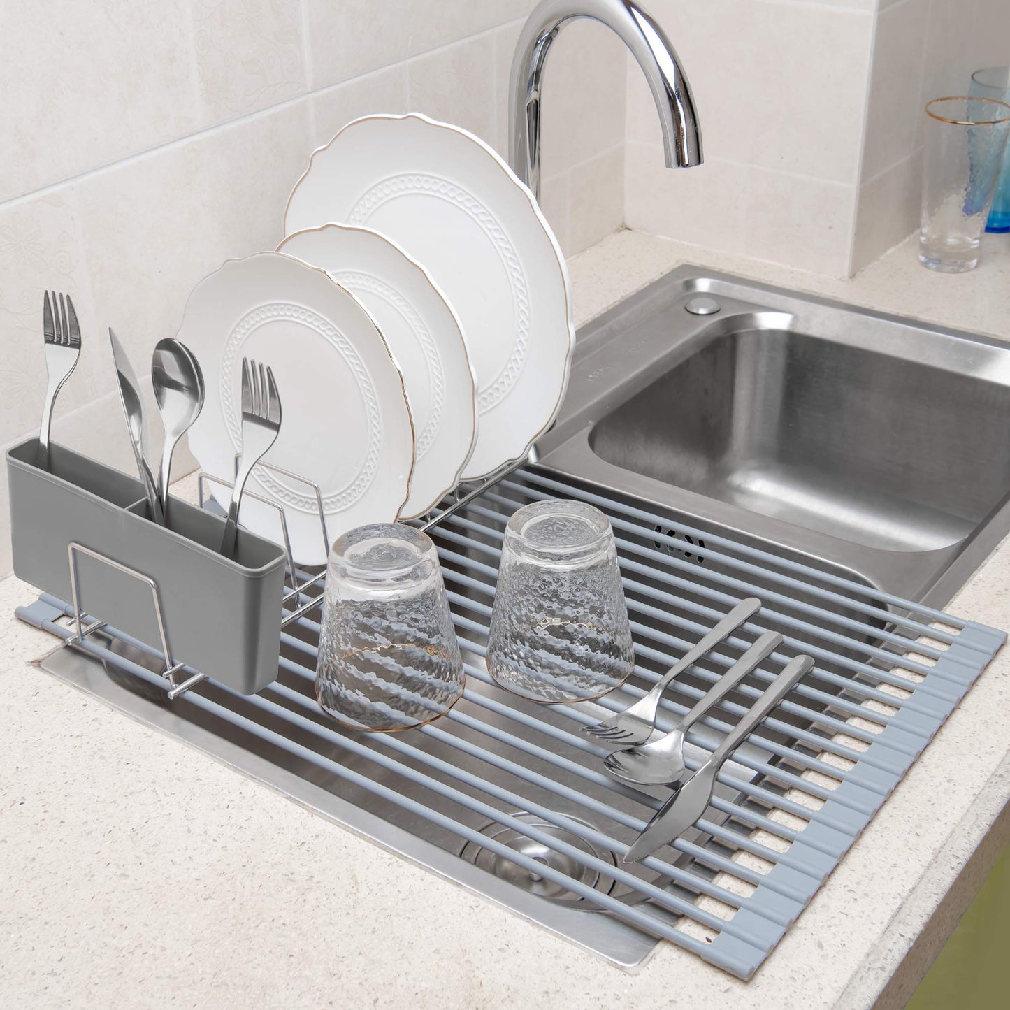 iPEGTOP Cutlery Utensil Silverware Drying Rack Basket Holder with Hooks - Flatware Storage Solution for Kitchen Dish Drainer Dish Drying Rack, Grey