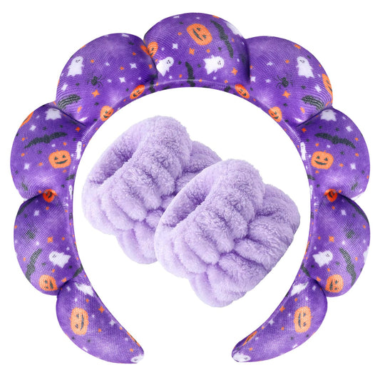 Zkptops Spa Headband for Washing Face Wristband Set Sponge Makeup Skincare Velvet Fabric Bubble Get Ready Hairband Puffy Headwear Non Slip Thick Thin Hair Accessory Gift for Women Girls(Halloween)
