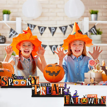 3 Pieces Halloween Table Decorations - Pumpkin Centerpiece, Boo Spooky Wood Sign, Trick or Treat Witch Hat Decor for Party, Living Room, Kitchen, Office, Bar