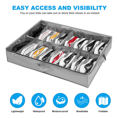 INAYA Under Bed Shoe Storage Organizer Set of 2, Fits 32 Pairs, Underbed Shoe Box Storage Containers Adjustable Dividers w/Bottom Support, Clear Foldable Shoes Storage w/Reinforced Handles