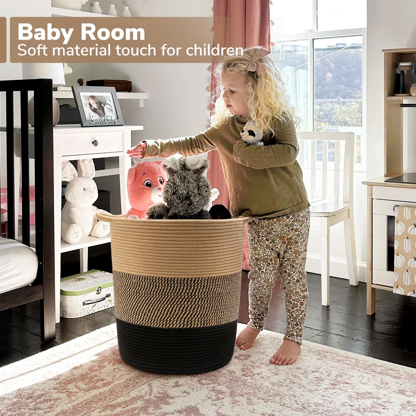 INDRESSME Laundry Basket Large Laundry Hamper, Woven Baskets for Storage, 17.8" x 15.8" x 13.8", Wicker Laundry Basket for Living Room, Dirty Clothes Basket, Baby Hamper for Nursery, Black & Jute