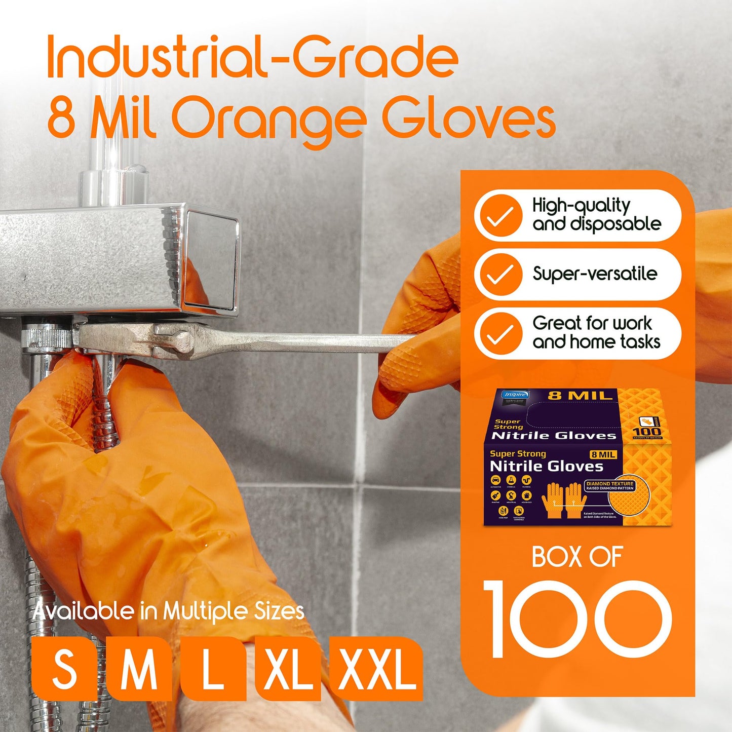 Inspire Heavy Duty Orange Nitrile Gloves Disposable Latex Free | ULTRA 8 Mil Diamond Textured Grip | Industrial Mechanic Food Large, 100 Count