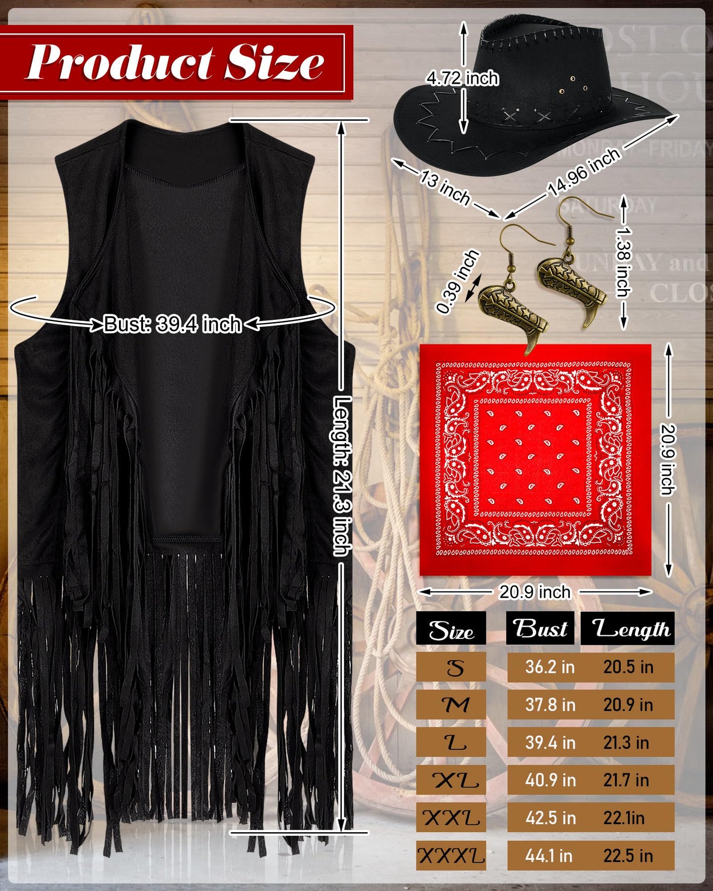 Xtinmee 4 Pcs Halloween Western Cowgirl Outfits Set Women Tassel Vest Cowboy Hat Dangle Drop Earring Paisley Bandana Dress up(Small,Black)