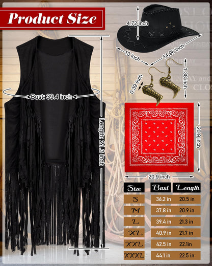 Xtinmee 4 Pcs Halloween Western Cowgirl Outfits Set Women Tassel Vest Cowboy Hat Dangle Drop Earring Paisley Bandana Dress up(Small,Black)
