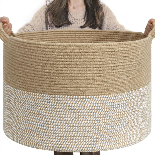 INDRESSME Extra Large Woven Baskets for Storage, 21.7'' x 13.8'' Wicker Basket with Handle for Blankets, Big Laundry Baskets for Clothes, Pillows, Towel, Shoe Basket for Entryway, 90L White Jute