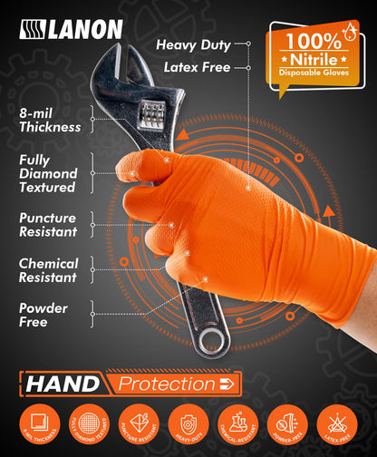 LANON 8mil Orange Disposable Nitrile Gloves, Mechanic, Heavy Duty, Food Safe, Latex Free, Powder Free, Fully-Diamond Textured, Large