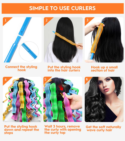 YEVYO 30 Pcs Heatless Hair Curlers Wave Curls Styling Kit with 2 Pcs Styling Hooks, No Heat Hair Curlers Heatless Wave Curlers for Women Girls Long Medium Short Hair (6 Colors, 30 cm/11.81 inch)