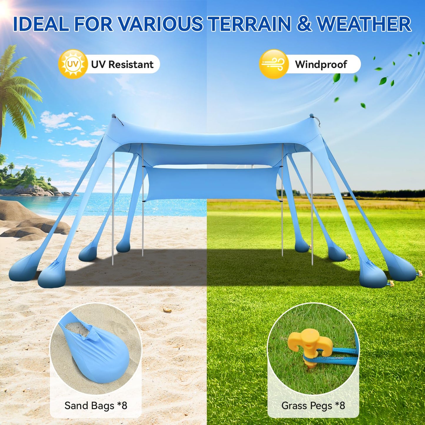 Large Beach Canopy UPF80+ Uv Protection Beach Tents Sun Shelter, Beach Shade Canopy with 8 Sandbags, 4 Stability Poles, Sand Shovel Ground Pegs for Outdoor Camping, Picnics (10x10ft, Sky Blue)