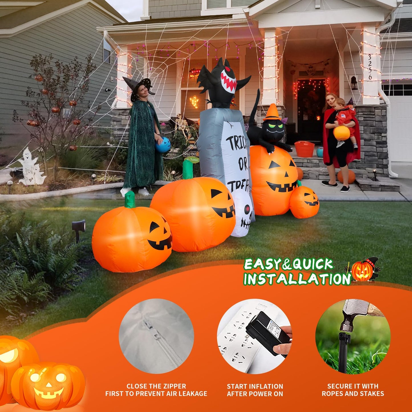 YOUBEMAGIC 7FT Long Halloween Inflatable Pumpkin Patch with Tombstone & Black Cat & Bat, Blow up Halloween Inflatable with Build-in LED Lights Outdoor Decorations Large Party Yard Decoration
