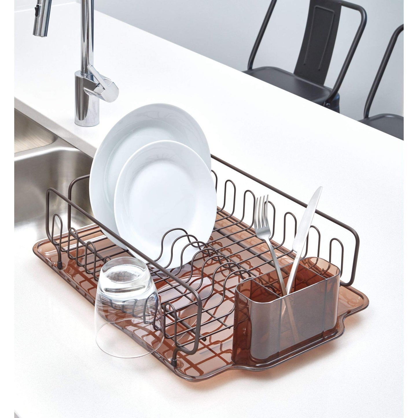 InterDesign Forma Kitchen Dish Drainer Rack with Tray for Drying Glasses, Silverware, Bowls, Plates - Amber/Bronze