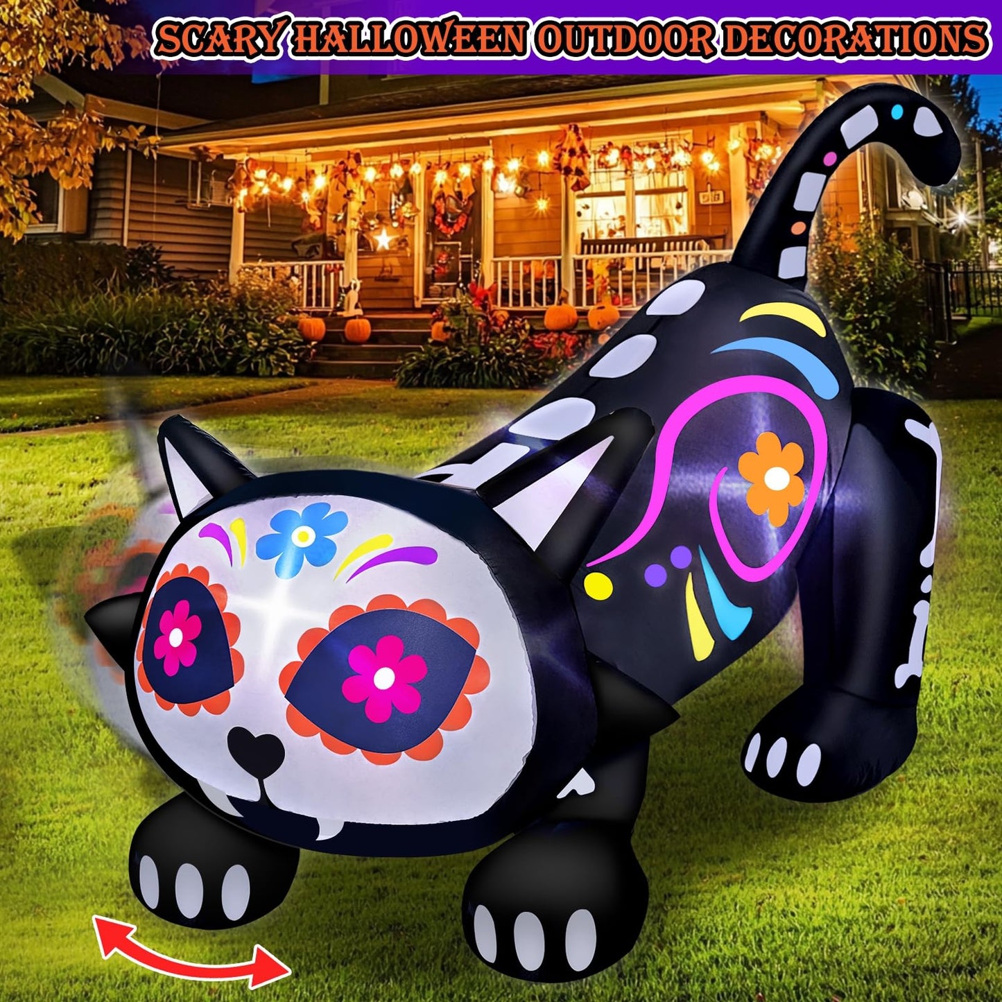 [ Shakable Head ] 5 Ft Day of The Dead Halloween Inflatables Skeleton Black Cat with Sugar Skull, Dia De Los Muertos Decorations Blow Up Calaveras Cat Decorations with Built-in LEDs Yard Lawn Garden