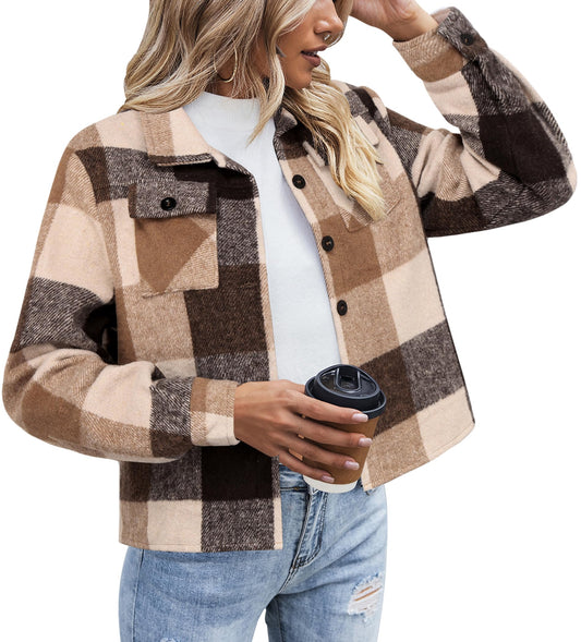 Zeagoo Cropped Jacket Women Flannel Plaid Button Shirt Wool Blend 2025 Fall Warm Shacket Halloween Tops
