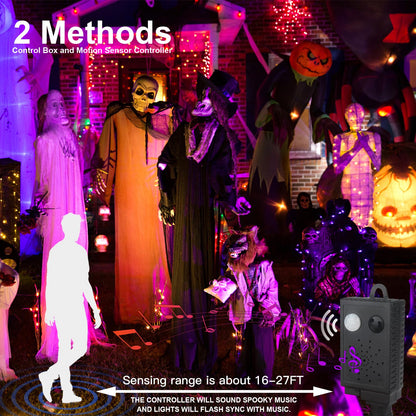 XTF2015 Halloween Lights, 105FT 300 LED Halloween String Lights with Spooky Music Motion Sensor Controller Twinkle Waterproof Purple Orange Light Plug in for Indoor Outdoor Tree Party Yard Room Decor