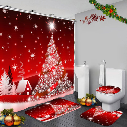 Yddsky 4PCS Red Christmas Tree Shower Curtain Sets, Christmas Village Printed Shower Curtain Sets with Rugs, Toilet Lid Cover and Bath Mat for Bathroom Set Decor Christmas Bathroom Decor Theme