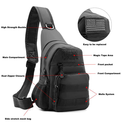 Laoyemen Tactical Sling Bag with Flag Patch - Military Backpack for Hiking, Hunting, Fishing - Crossbody Bags for Men