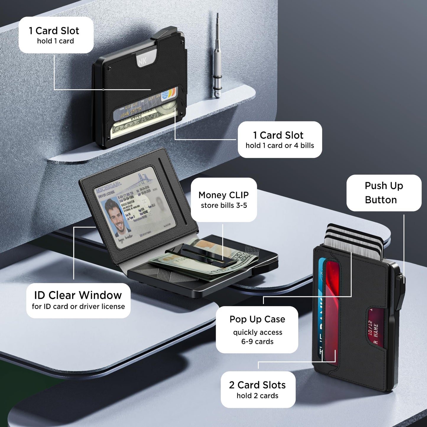 ILAOLIU Wallet for Men - Slim Leather Mens Wallet Pop up Card Holder with Money Clip,Credit Card Slots,ID Window - RFID Blocking Minimalist Wallet (Dark Black)