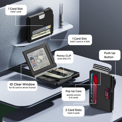 ILAOLIU Wallet for Men - Slim Leather Mens Wallet Pop up Card Holder with Money Clip,Credit Card Slots,ID Window - RFID Blocking Minimalist Wallet (Dark Black)