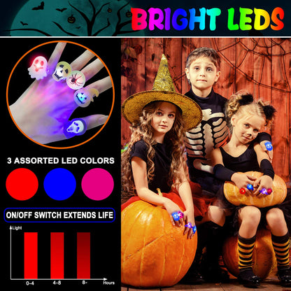 50 Pcs Halloween LED Glow Ring, Light Up Toys Glow in the Dark Birthday Halloween Party Favors Decorations Supplies for Adults Flash Finger Rubber Rings 8 Shape Ghost Pumpkin Skeleton Spider Bat