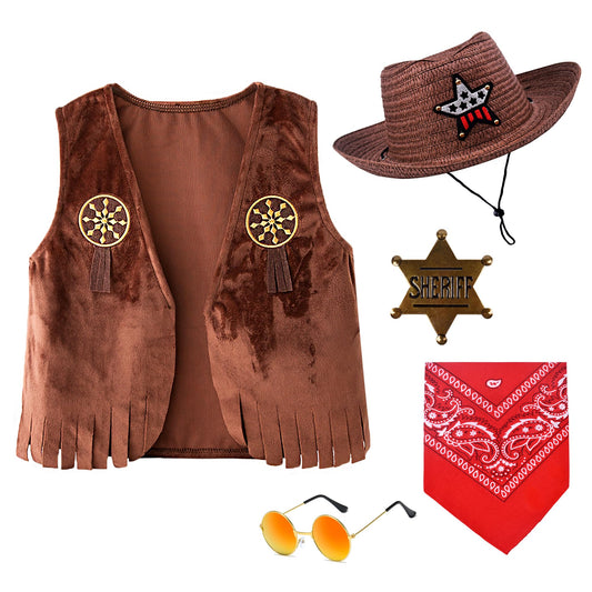 ZZIHAN Kids Cowboy Costume Vest for Boys Cowboy Accessories Hat Bandanas Sunglasses Metal Sheriff Badges Dress up for Boys Girls Birthday Party Halloween Christmas Cosplay Gift 7-8 Year
