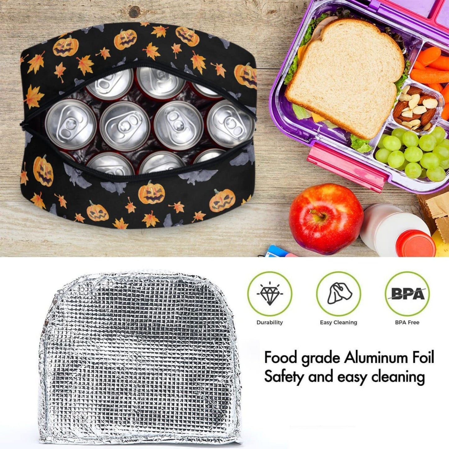 ZzWwR Halloween Bats Pumpkin Lunch Tote Bag with Front Pocket Reusable Insulated Thermal Zipper Closure Cooler Container Bag for School Work Picnic Travel Fishing Beach (0g272618361p407c442s828)