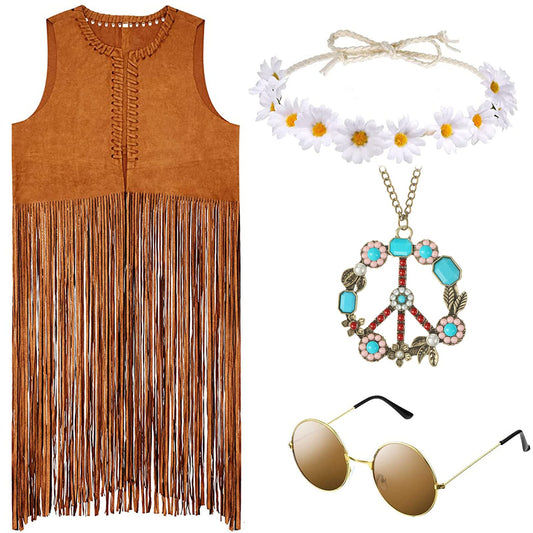 Zhanmai 4 Pieces 60s 70s Outfits for Women Disco Hippie Costume Cowgirl Fringe Vest Bohemia Headband for Halloween Cosplay(XL)