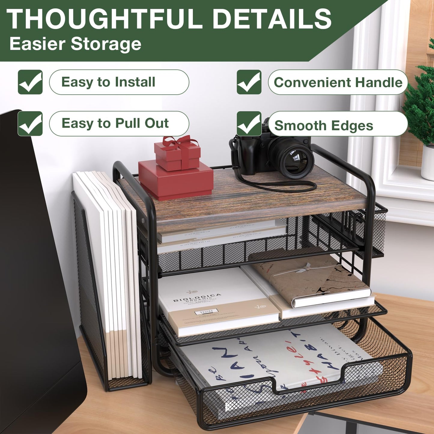 2025 New Large Capacity Desk Organizer with Drawer, Wooden 4-Tier Paper Organizer Letter Tray with File Holder and Pen Holders, Wooden Desk Accessories for A4 Paper Work Folder Storage (Style1)