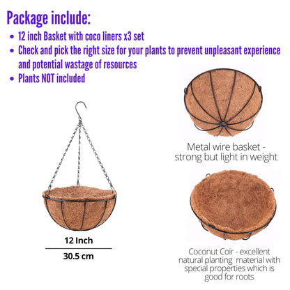 LaLaGreen Hanging Planters with Coco Liners (12 Inch, 3 Pack) Hanging Baskets for Plant Outdoor, Hanging Plant Pot Flower Metal Wire Round Holder Hanger Hook Chain Deck Porch Garden Balcony Boho Decor