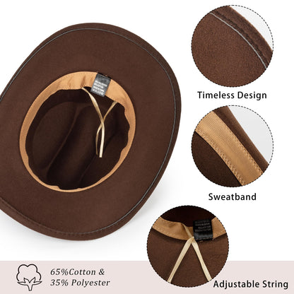 Womens Western-Cowboy-Hats Classic Felt-Hats - Rodeo Wide-Brim-Cowgirl Jazz-Hat with Buckle Belt(Lagre)