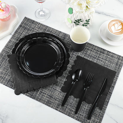 Xiangqu 175 Pcs Black Plates and Napkins 25 Guest Halloween Plates Set Black Party Supplies Includes Scalloped Party Plate Napkins Cups Plastic Cutlery for Birthday, Halloween, New Year