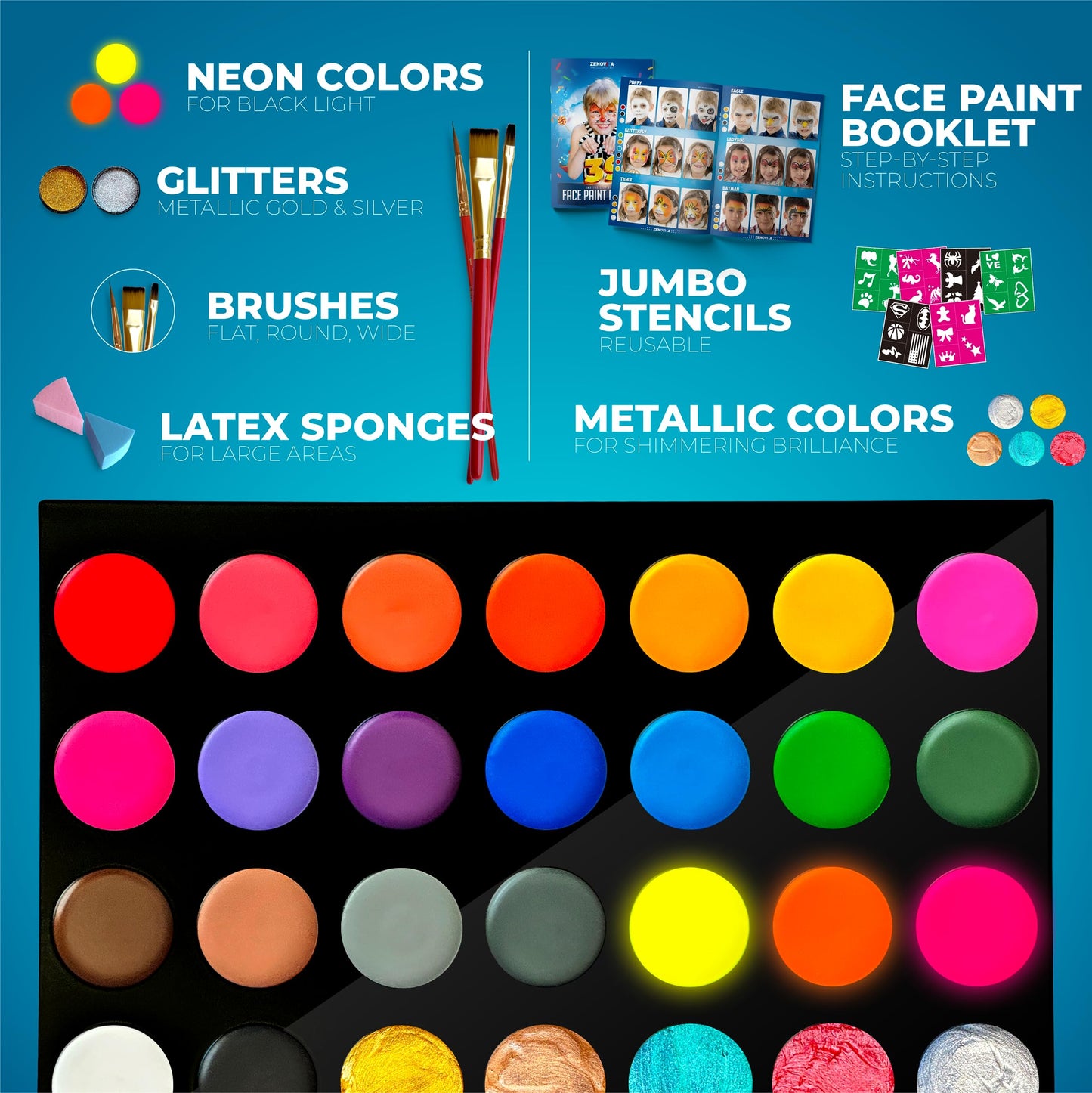 Zenovika Face Painting Kit for Kids - 28 Colors Professional Face Paint Kit, Non-Toxic and Hypoallergenic, Stencils, Book, Halloween Makeup Kit - Safe and Easy to Use Face Paint Kit for Kids