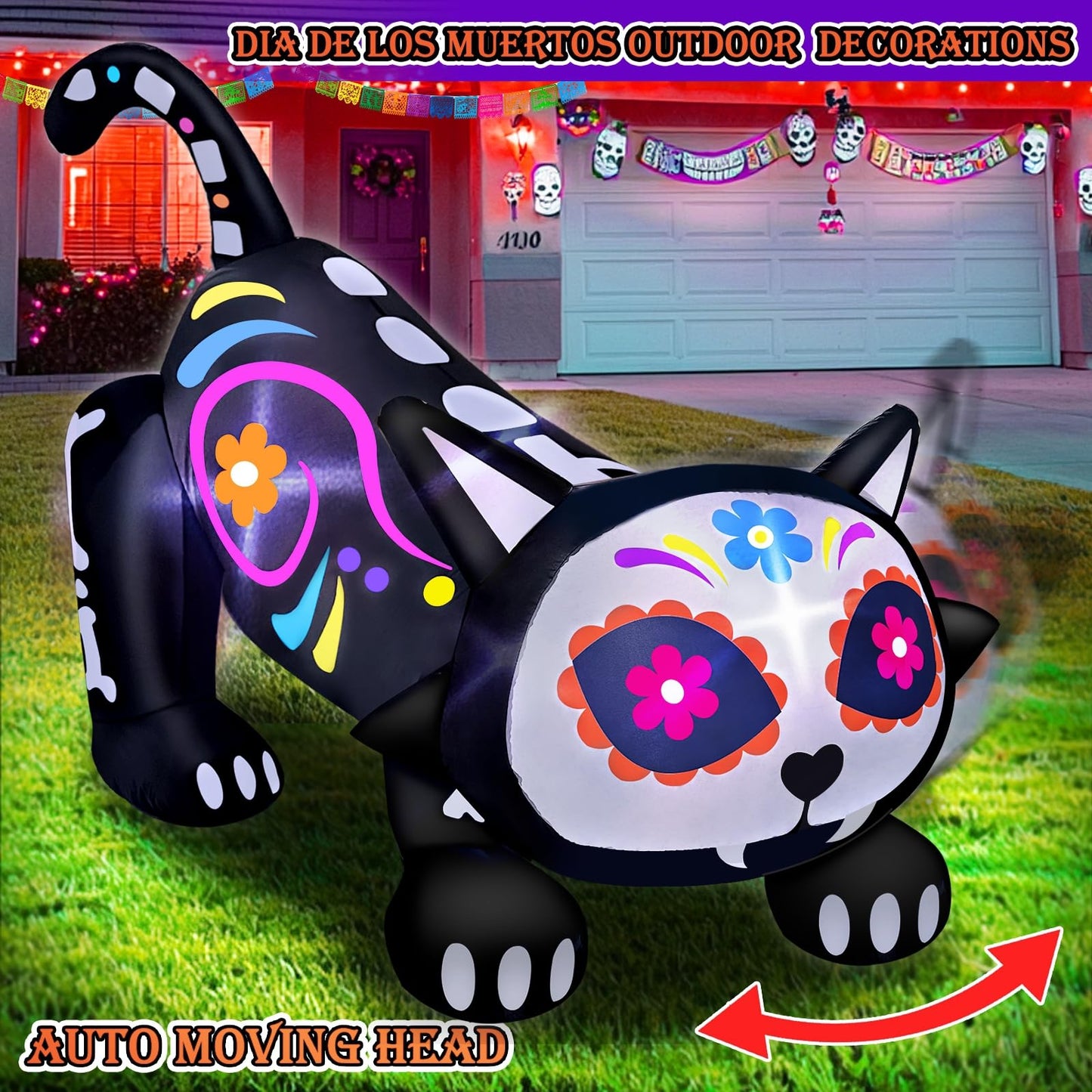 [ Shakable Head ] 5 Ft Day of The Dead Halloween Inflatables Skeleton Black Cat with Sugar Skull, Dia De Los Muertos Decorations Blow Up Calaveras Cat Decorations with Built-in LEDs Yard Lawn Garden