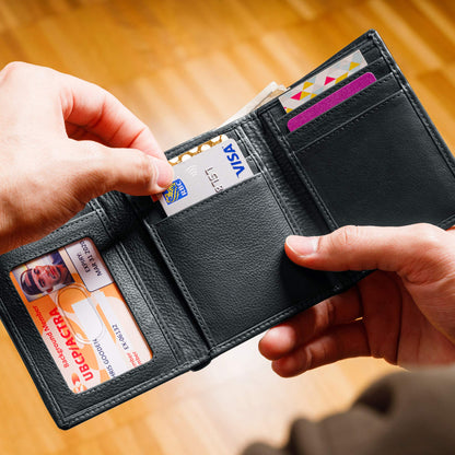 ID Stronghold Men's Leather Trifold Wallet - RFID Blocking - Black Wallet with Gift Box