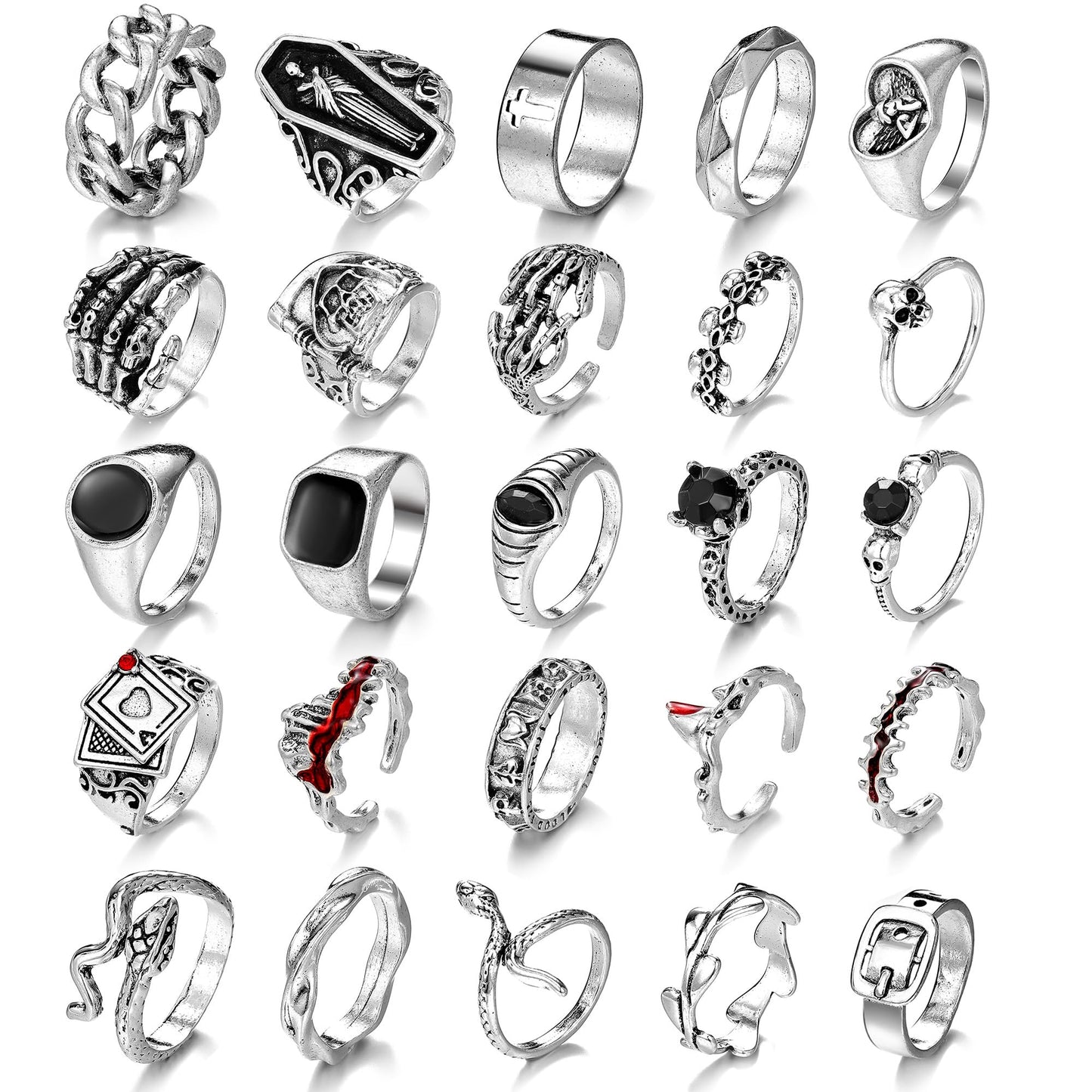 IFKM 25PCS Vintage Silver Knuckle Rings Set for Women, Stackable Joint Finger Statement Rings Bohemian Retro Hollow Carved Midi, Boho Halloween Skeleton Skull Snake Heart Chunky Stacking Pack (Halloween Skull)