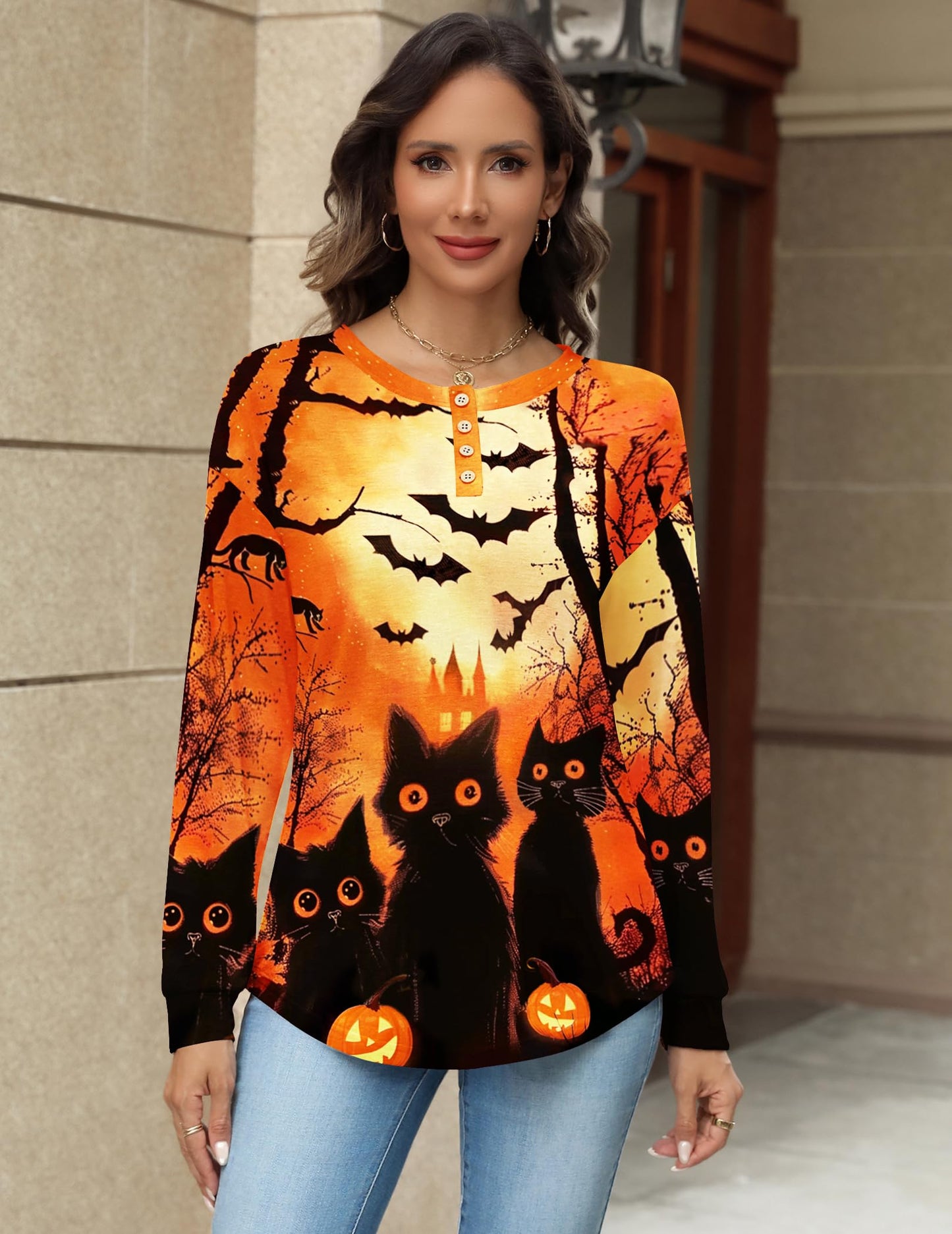 Zeagoo Womens Long Sleeve Shirts Fall Outfits Tops Spooky Season Tees for Halloween Celebrations
